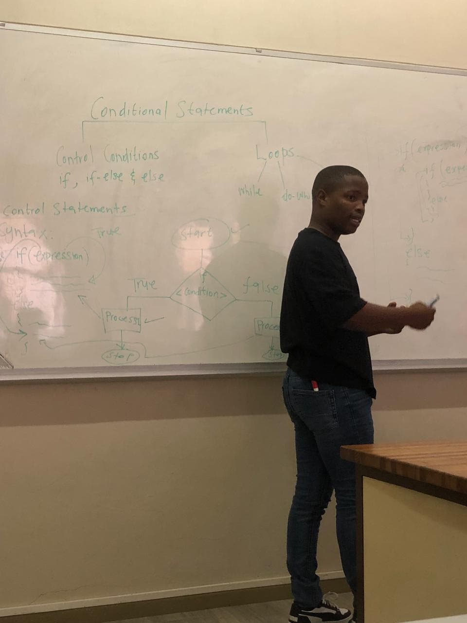 Ntlakanipho teaching conditional statements and loops at a whiteboard